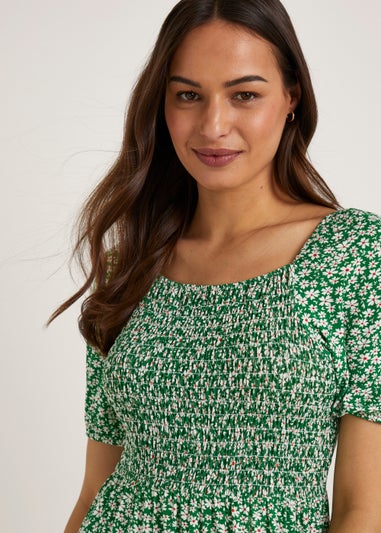 Green Floral Shirred Midi Dress