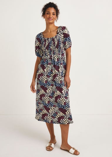 Multicoloured Floral Shirred Midi Dress