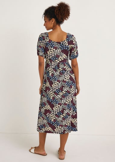 Multicoloured Floral Shirred Midi Dress