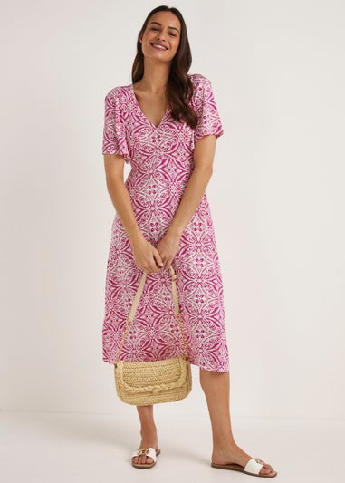 Pink Geo Print Midi Dress