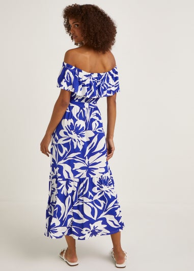 Blue Floral Bardot Midi Dress