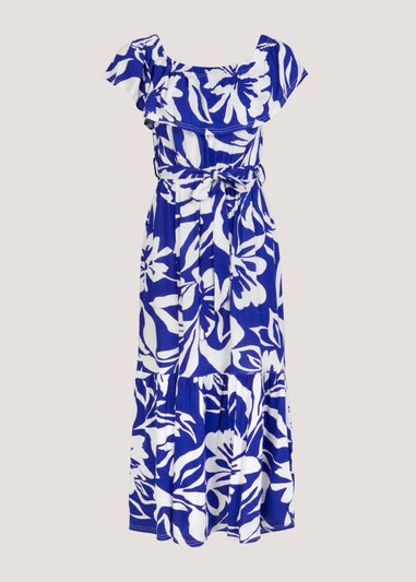 Blue Floral Bardot Midi Dress