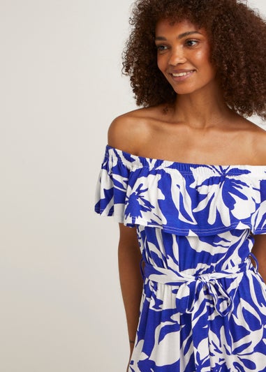 Blue Floral Bardot Midi Dress