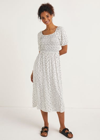 White Polka Dot Shirred Midi Dress