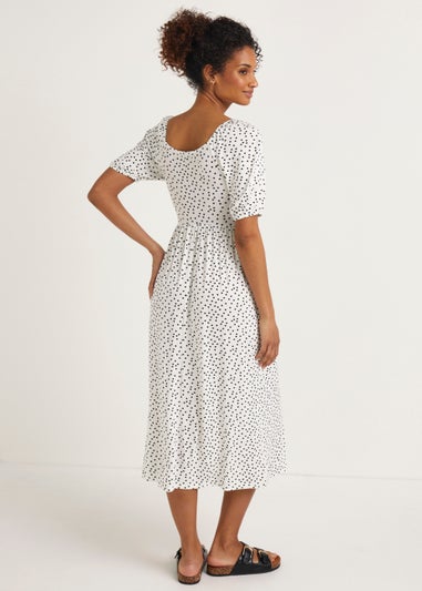 White Polka Dot Shirred Midi Dress