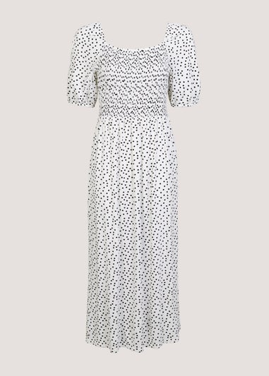 White Polka Dot Shirred Midi Dress