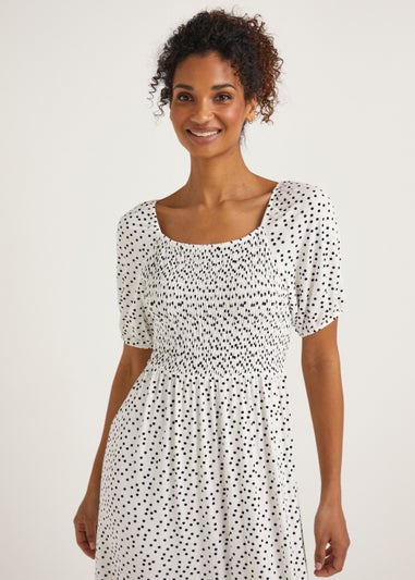 White Polka Dot Shirred Midi Dress