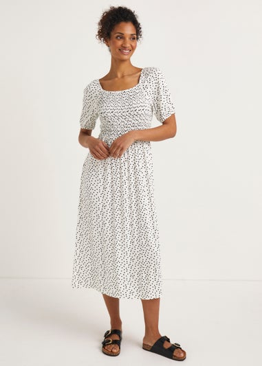 White Polka Dot Shirred Midi Dress