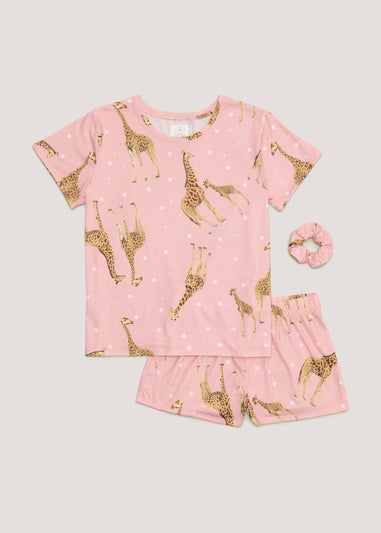 Pink Giraffe Short Pyjama & Scrunchie Set