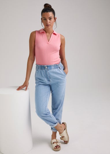 Pink Ribbed Collar Vest Top