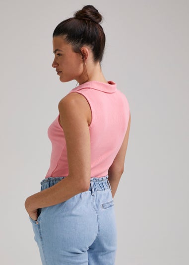 Pink Ribbed Collar Vest Top