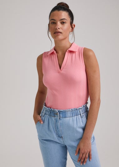 Pink Ribbed Collar Vest Top