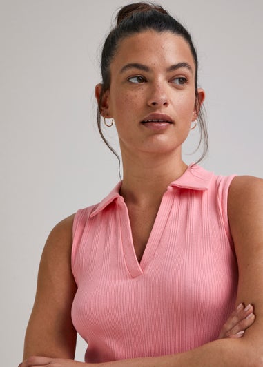 Pink Ribbed Collar Vest Top