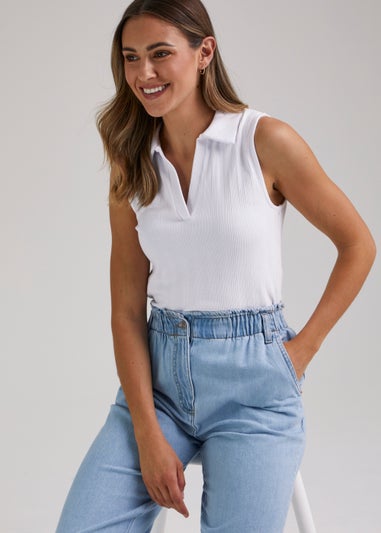 White Ribbed Collar Vest Top