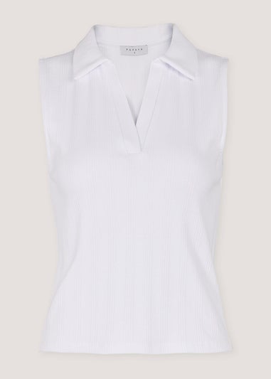 White Ribbed Collar Vest Top