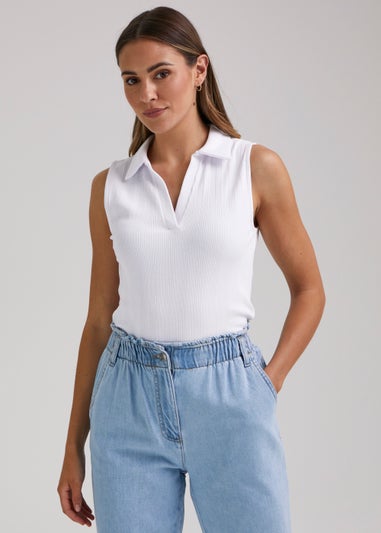 White Ribbed Collar Vest Top