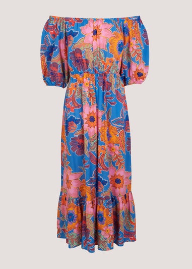 Blue Floral Bardot Midi Dress