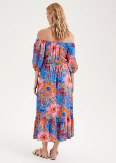 Blue Floral Bardot Midi Dress