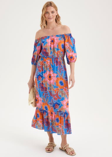 Blue Floral Bardot Midi Dress