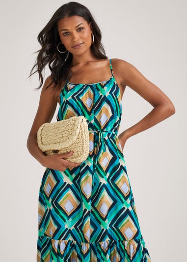 Multicoloured Geo Print Tiered Midi Dress