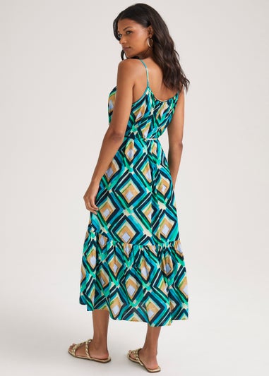 Multicoloured Geo Print Tiered Midi Dress