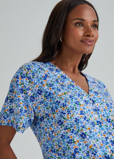 Blue Floral Tie Front Blouse