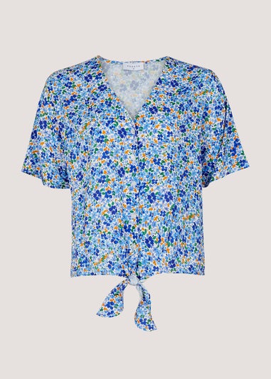 Blue Floral Tie Front Blouse