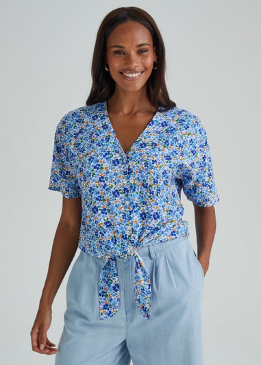 Blue Floral Tie Front Blouse