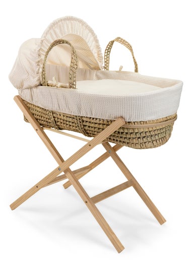 Clair de Lune Cream Waffle Palm Moses Basket with Natural Folding Stand