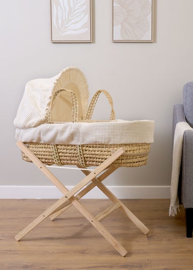 Clair de Lune Cream Waffle Palm Moses Basket with Natural Folding Stand
