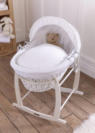 Clair de Lune White Waffle Wicker Moses Basket with Deluxe Rocking Stand