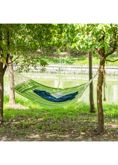 Outsunny Double Cotton Hammock Camping Swing Outdoor Garden Beach Stripe Hanging Bed with Pillow 188L x 140W (cm), Green