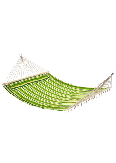 Outsunny Double Cotton Hammock Camping Swing Outdoor Garden Beach Stripe Hanging Bed with Pillow 188L x 140W (cm), Green