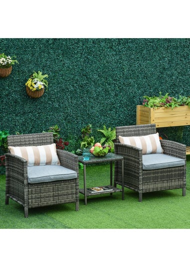 Outsunny 3 PC Outdoor Rattan Sofa Set w/ Chairs Coffee Table Cushion Grey