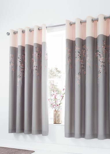 Catherine Lansfield Embroidered Blossom Lined Eyelet Curtains