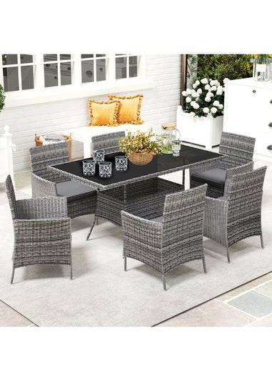 Outsunny Rattan Dining Set for 6 with Cushions Glass Top Table Grey