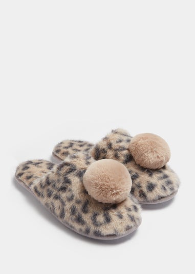 Beige Pom Pom Mule Slippers