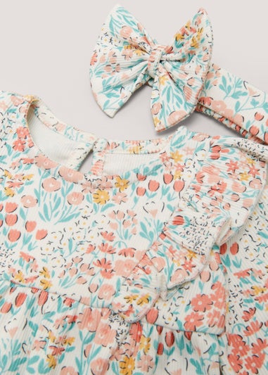 Baby Blue Floral Print Ribbed Romper & Headband Set (Newborn-18mths)