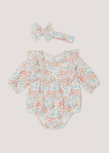 Baby Blue Floral Print Ribbed Romper & Headband Set (Newborn-18mths)