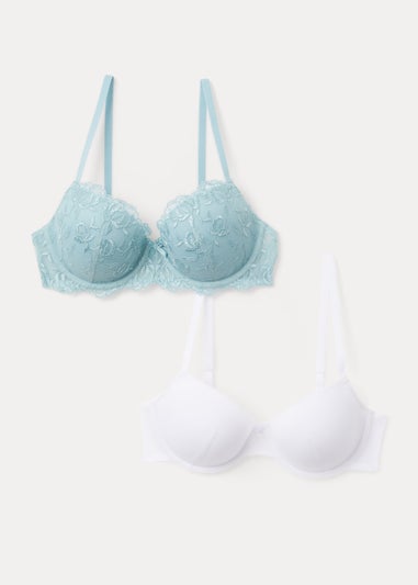 2 Pack Blue & Cream Embroidered Bras
