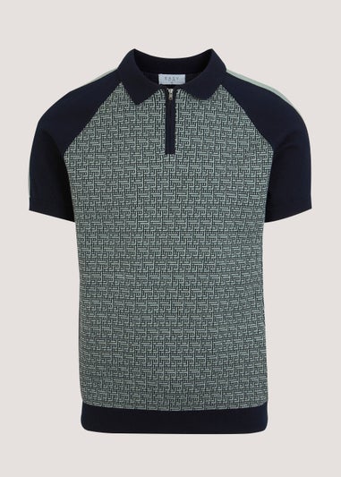 Sage Geometric Print Zip Up Polo Shirt