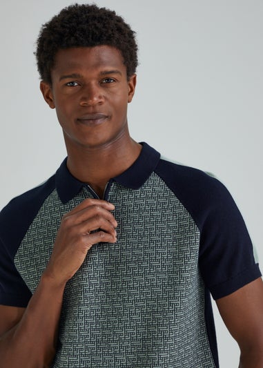 Sage Geometric Print Zip Up Polo Shirt