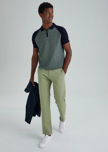 Sage Geometric Print Zip Up Polo Shirt