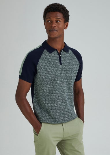 Sage Geometric Print Zip Up Polo Shirt