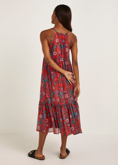 Red Floral Chiffon Midi Dress