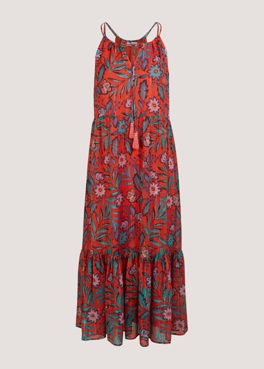 Red Floral Chiffon Midi Dress