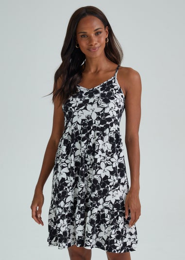 Monochrome Floral Crinkle Mini Cami Dress