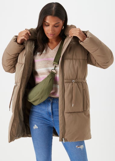 Beige Midi Padded Shower Resistant Coat