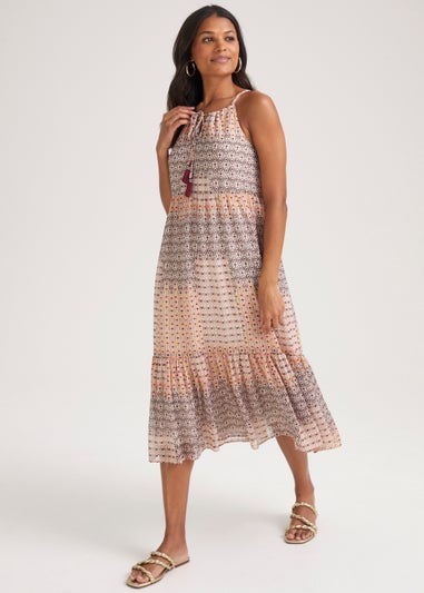 Multicoloured High Apex Chiffon Tiered Midi Dress