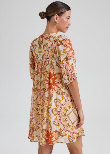 Cream Kaleidoscope Print Puff Sleeve Mini Dress